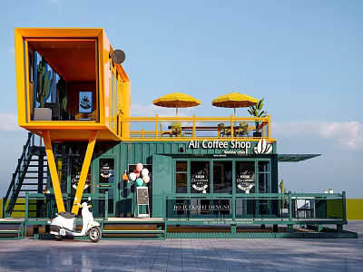 Yellow And Green Container Building Coffee Shop With Staircase Outdoor Umbrellas And Benches 3d model