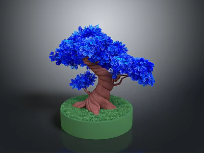 Blue Decorative Tree with Brown Twisted Trunk and Green Grass on Circular Base 3d model