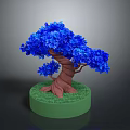 Blue Decorative Tree with Brown Twisted Trunk and Green Grass on Circular Base