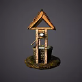 Decorative Garden Ornament Featuring Small Well With Thatched Roof Stone Structure And Wooden Frame Design