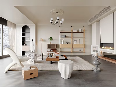 Modern Living Room Interior With Chandelier Bookshelf Coffee Table Fireplace And Rug 3d model