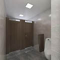 Modern Public Restroom Interior Design With Two Wooden Doors Vanity Mirrors Light Tiles And Plant