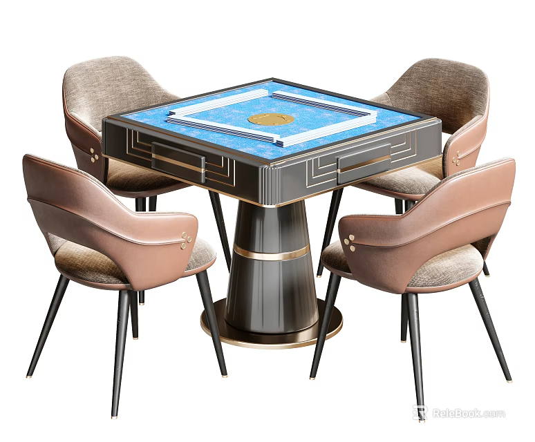Modern Elegant Entertainment Table With Square Blue Tabletop And Four Beige Upholstered Chairs 3d model 
