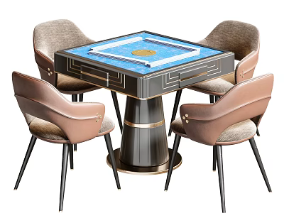 Modern Elegant Entertainment Table With Square Blue Tabletop And Four Beige Upholstered Chairs 3d model