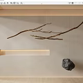 Natural Branch And Stone Hanging Decor On Light Wall With Wooden Floor And Rectangular Light Strip