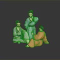 Three Men In Traditional Clothing Sitting Together Drinking Tea On Black Floor