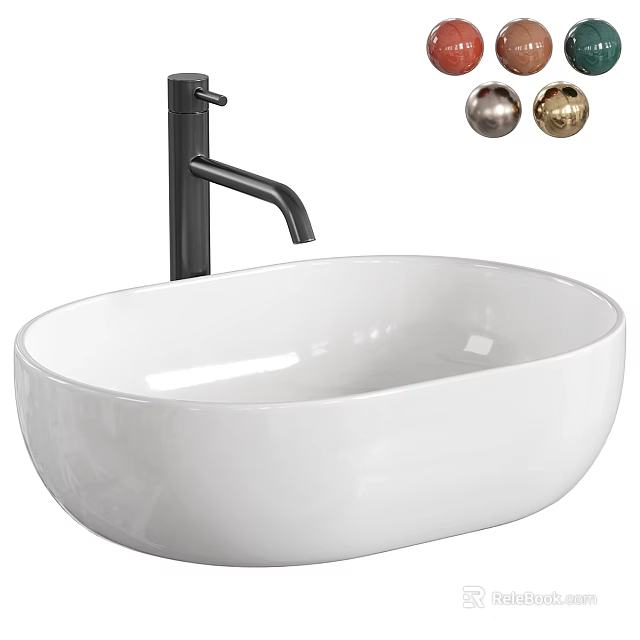 White Oval Vessel Sink with Black Faucet and Metallic Decorative Balls 3d model 
