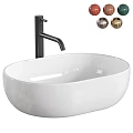White Oval Vessel Sink with Black Faucet and Metallic Decorative Balls