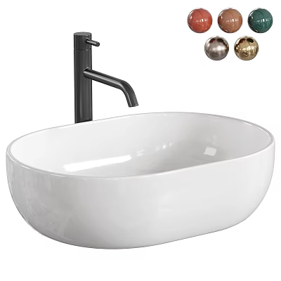 White Oval Vessel Sink with Black Faucet and Metallic Decorative Balls 3d model