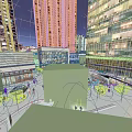 Vibrant Commercial Street Night View With High Rise Buildings Glass Facade Shops And Pedestrians