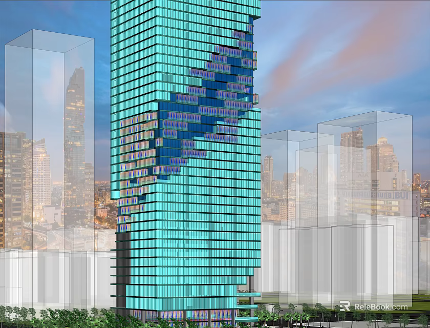 Modern Skyscraper With Glass Facade In Urban Skyline Evening View 3d model 