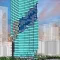 Modern Skyscraper With Glass Facade In Urban Skyline Evening View