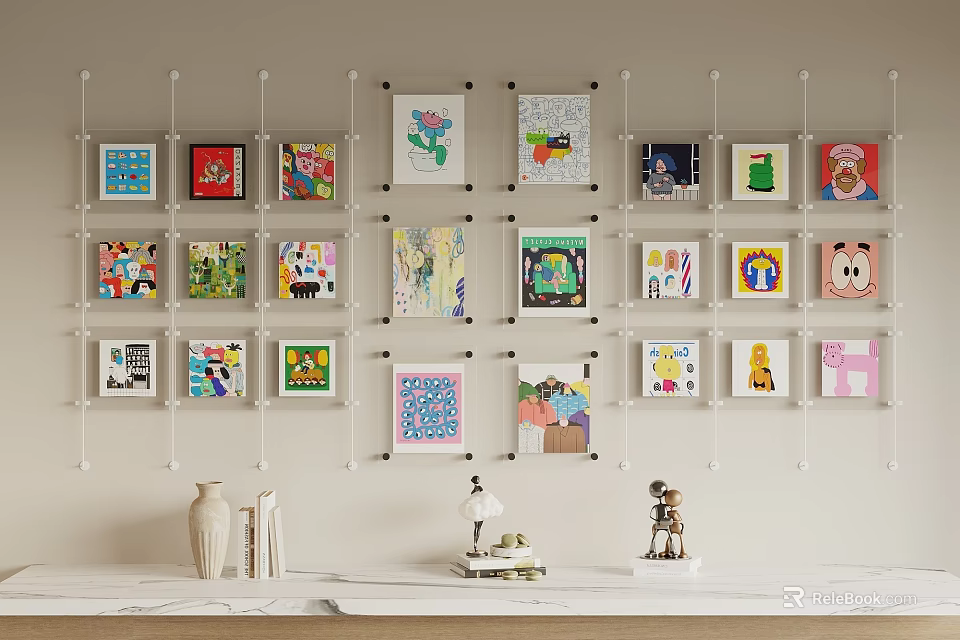 Framed Abstract Paintings Wall Display With Various Styles And Decor Elements 3d model 