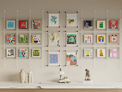 Framed Abstract Paintings Wall Display With Various Styles And Decor Elements 3d model