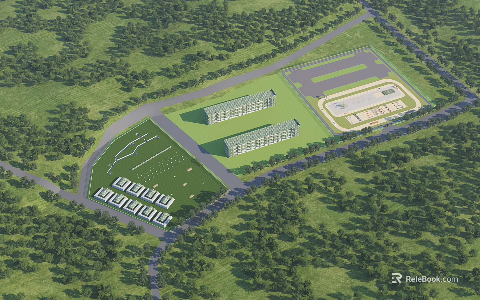 Aerial View Planning Layout With Multiple Buildings Green Landscape And Parking Area 3d model 