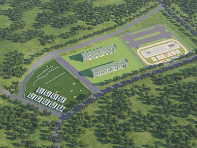 Aerial View Planning Layout With Multiple Buildings Green Landscape And Parking Area 3d model