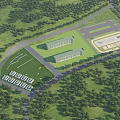 Aerial View Planning Layout With Multiple Buildings Green Landscape And Parking Area