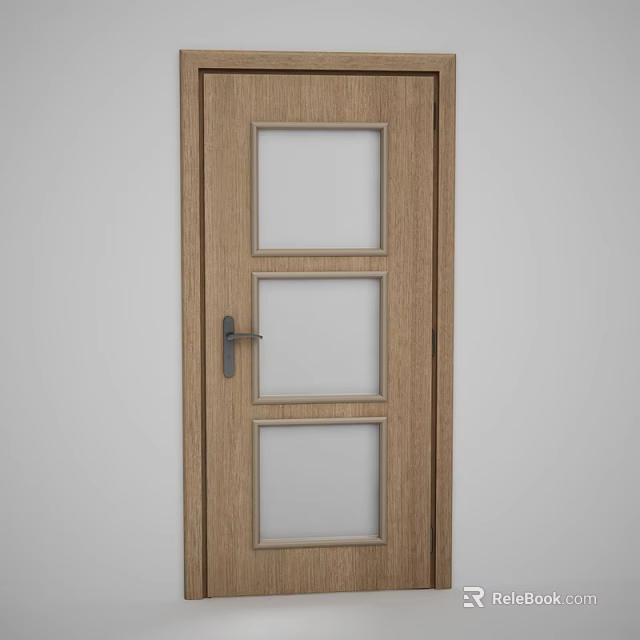 Modern Wooden Hinged Door With Three Rectangular Glass Panels And Metal Handle Design 3d model 