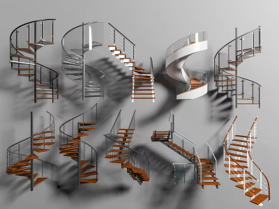 Various Modern Spiral Staircases Featuring Wooden Steps Glass Railings And Different Styles 3d model
