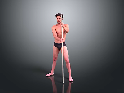 Shirtless Man in Black Underwear Standing with Long Pole Against Gray Background on Black Floor 3d model