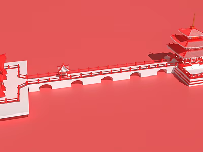 Ancient Architecture Model with Red Bridge and Multi tiered Tower on Red Background 3d model