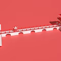 Ancient Architecture Model with Red Bridge and Multi tiered Tower on Red Background