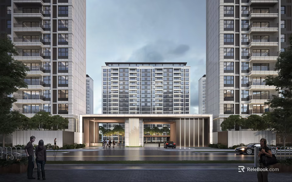 Modern High Rise Residential Entrance With Surrounding Buildings Pedestrians And Vehicles 3d model 