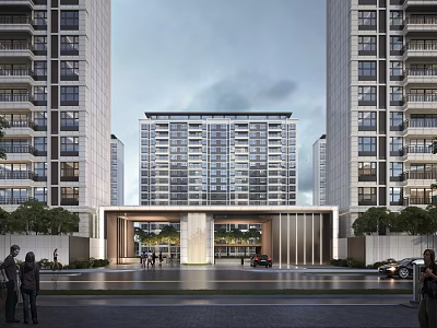 Modern High Rise Residential Entrance With Surrounding Buildings Pedestrians And Vehicles 3d model