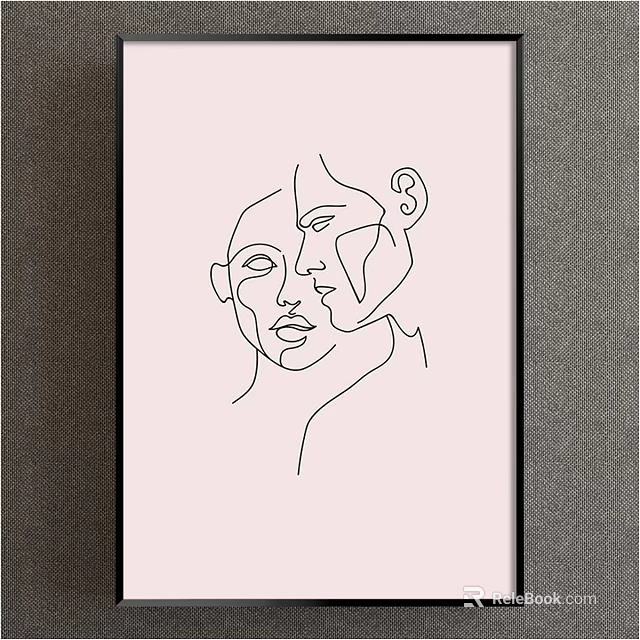 Abstract Line Art Painting Featuring Two Profiles Simple Lines And Black Frame 3d model 