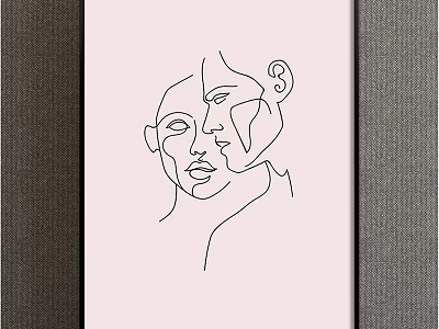 Abstract Line Art Painting Featuring Two Profiles Simple Lines And Black Frame 3d model