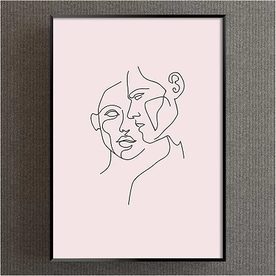 Abstract Line Art Painting Featuring Two Profiles Simple Lines And Black Frame 3d model