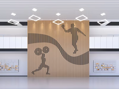 Fitness Themed Interior With Wooden Wall Sports Silhouettes Weight Lifting And Jumping 3d model