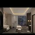 Modern SPA Sauna Interior With Massage Beds Decorative Painting And Soft Lighting