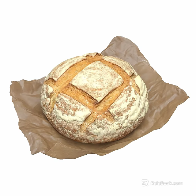 Freshly Baked Round Artisan Bread With Cross Pattern On Brown Paper 3d model 