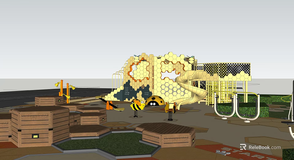 Children's Playground Featuring Yellow Honeycomb Design Slide Climbing Structures Wooden Platforms And Green Lawn 3d model 