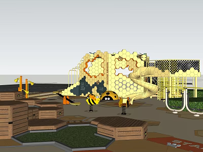 Children's Playground Featuring Yellow Honeycomb Design Slide Climbing Structures Wooden Platforms And Green Lawn 3d model