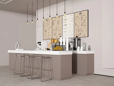 Modern Bar Counter Design With High Stools Hanging Lights Menu Boards And Coffee Machines 3d model