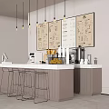 Modern Bar Counter Design With High Stools Hanging Lights Menu Boards And Coffee Machines