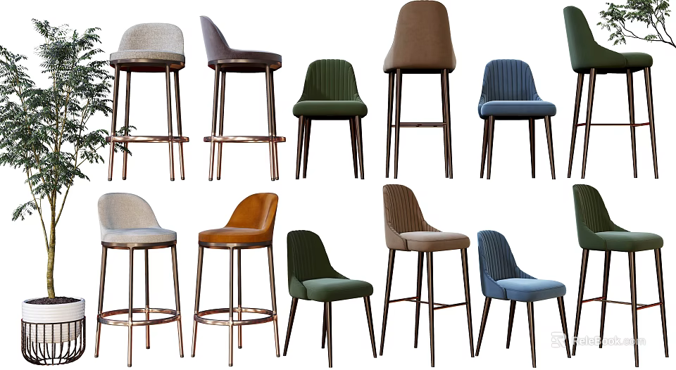 Various Stylish Bar Stools With Upholstered Seats And Metal Wooden Legs 3d model 