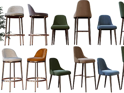 Various Stylish Bar Stools With Upholstered Seats And Metal Wooden Legs 3d model