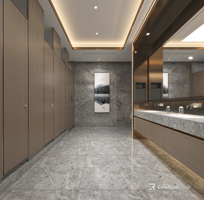 Public Restroom Interior With Wooden Stalls Marble Flooring Mirrors And Ceiling Lighting 3d model 