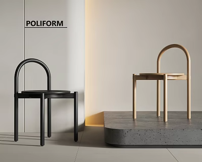 POLIFORM Dining Chairs Black And Wooden With Curved Backrest In Minimalist Interior Display Platform 3d model