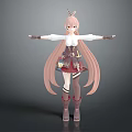 Game and Movie Character with Twin Ponytails Pink Hair Horns White Top Red Skirt Boots