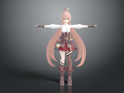 Game and Movie Character with Twin Ponytails Pink Hair Horns White Top Red Skirt Boots 3d model
