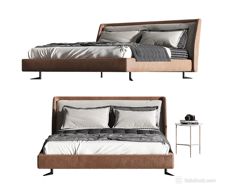 Modern Double Bed Design With Beige Headboard White Linens And Nightstand 3d model