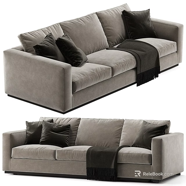 Gray Velvet Two Seater Sofa With Dark Cushions And Modern Design 3d model 