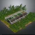 Modern Greenhouse Structure with Metal Frame and Glass Roof Surrounded by Trees