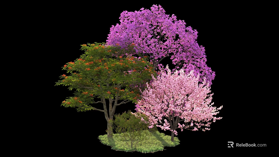 Vibrant Arbor Trees With Purple Pink Green Blooms And Lush Foliage In Garden 3d model 