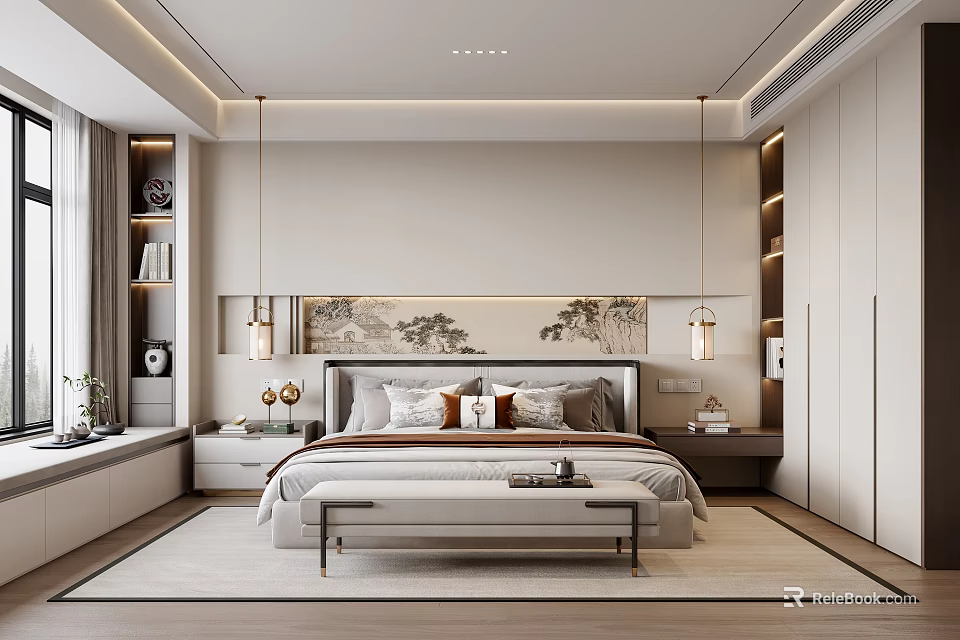 Modern Bedroom Interior Design With Chinese Landscape Painting Pendant Lights And Bedside Tables 3d model 