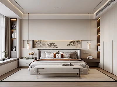 Modern Bedroom Interior Design With Chinese Landscape Painting Pendant Lights And Bedside Tables 3d model